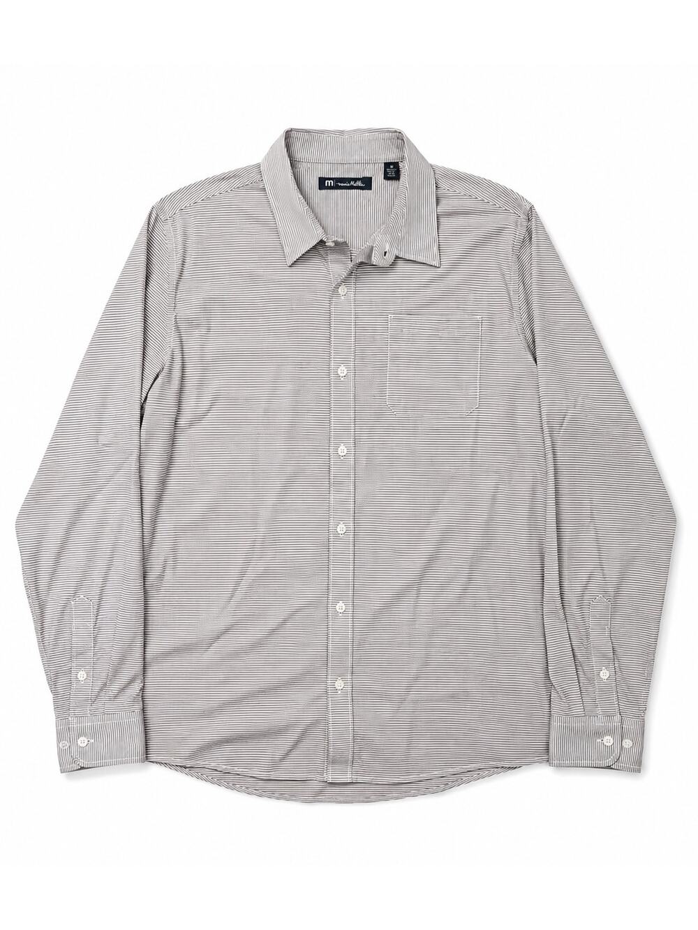 TravisMathew Men’s XL Gray White Pinstripe Button-Up Shirt Casual Golf Office